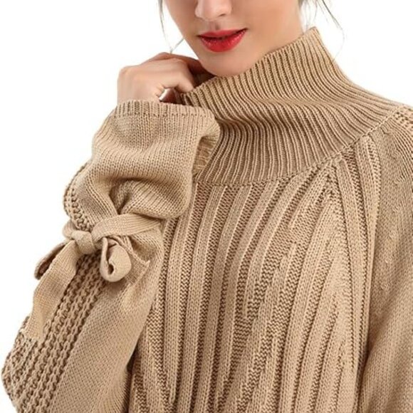 NWOT Bodilove Khaki Tan Cotton Blend Modern Cable Knit Tie Bow Sleeve Sweater - Picture 5 of 16